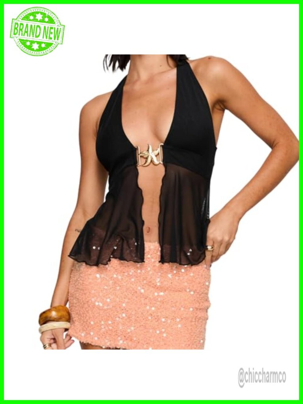 Women Halter Plunge Neck Top Gold-Toned Starfish Hardware Boho Mesh Tank Top